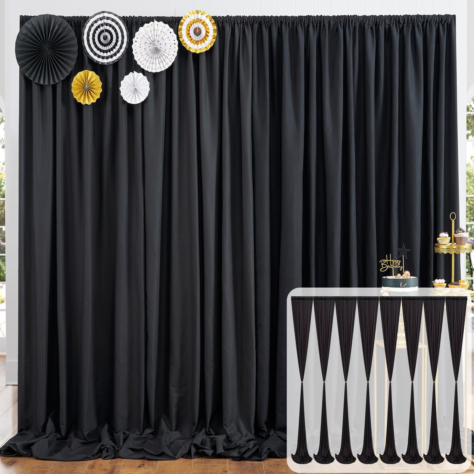 Htper 40ft x 10ft Black Backdrop Curtain 480″W x 120″L (Pack of 8),