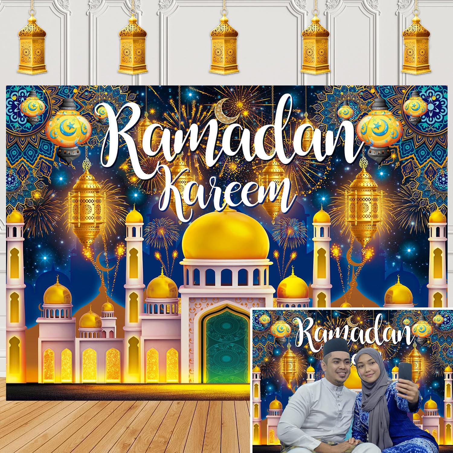 Ramadan Kareem Backdrop 7x5FT（210x150cm）, Multicolor (Blue, Gold, Yellow)