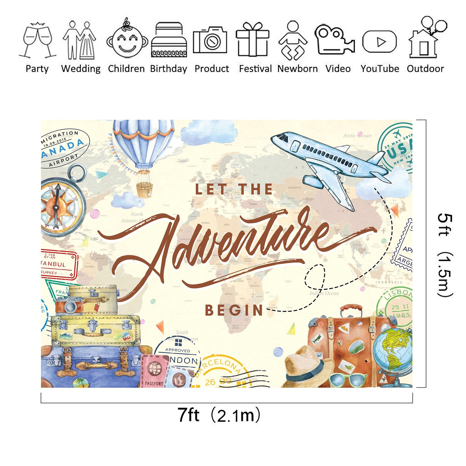 Riyidecor Let The Adventure Begin Backdrop World Map 7Wx5H, Travel