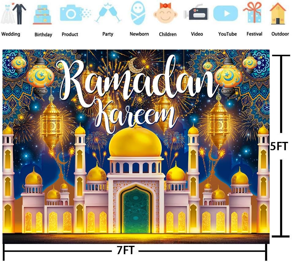 Ramadan Kareem Backdrop 7x5FT（210x150cm）, Multicolor (Blue, Gold, Yellow)