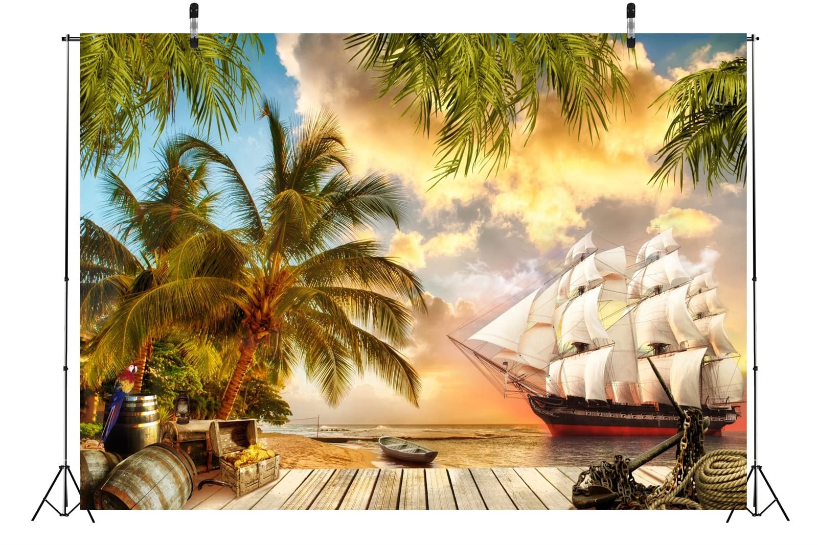 Beach Island Pirate Ship Backdrop Fabric 5x3ft Summer Ocean Background Decor