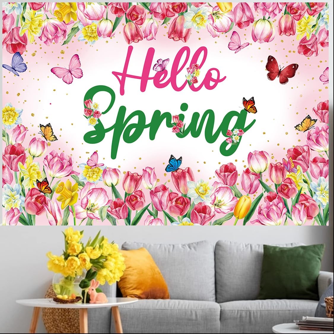 Hello Spring Backdrop Flower Butterfly Photography 7x5FT（210x150cm）, Pink