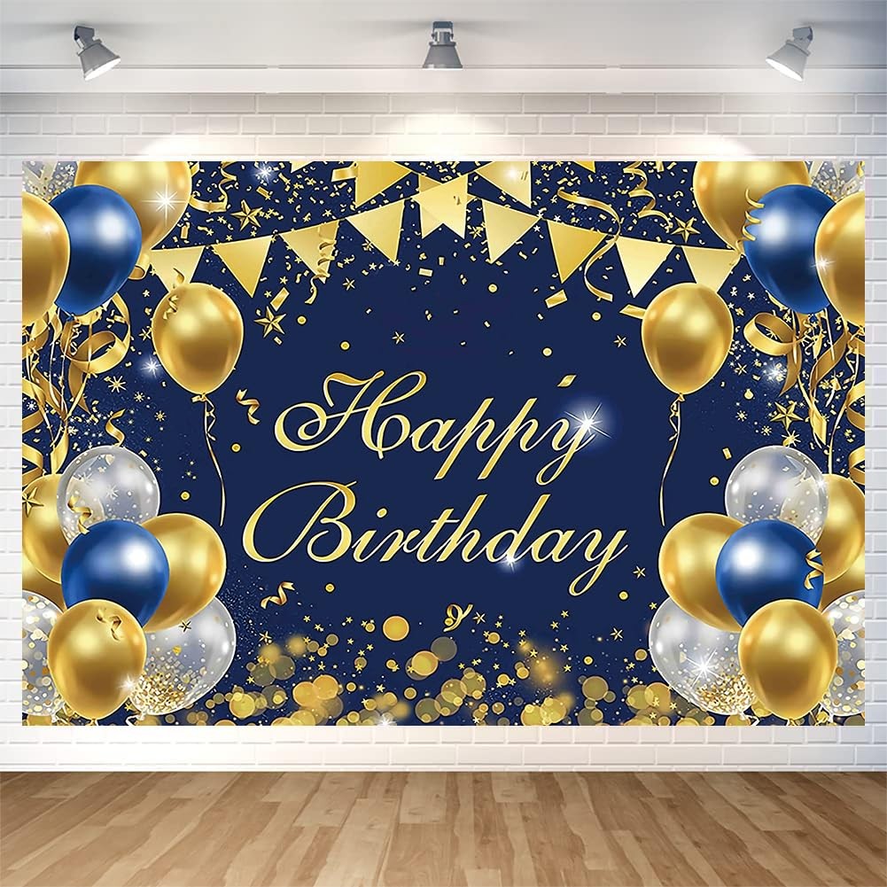 Blue Gold Birthday Party Backdrop Happy 5.9 x 3.93 feet,