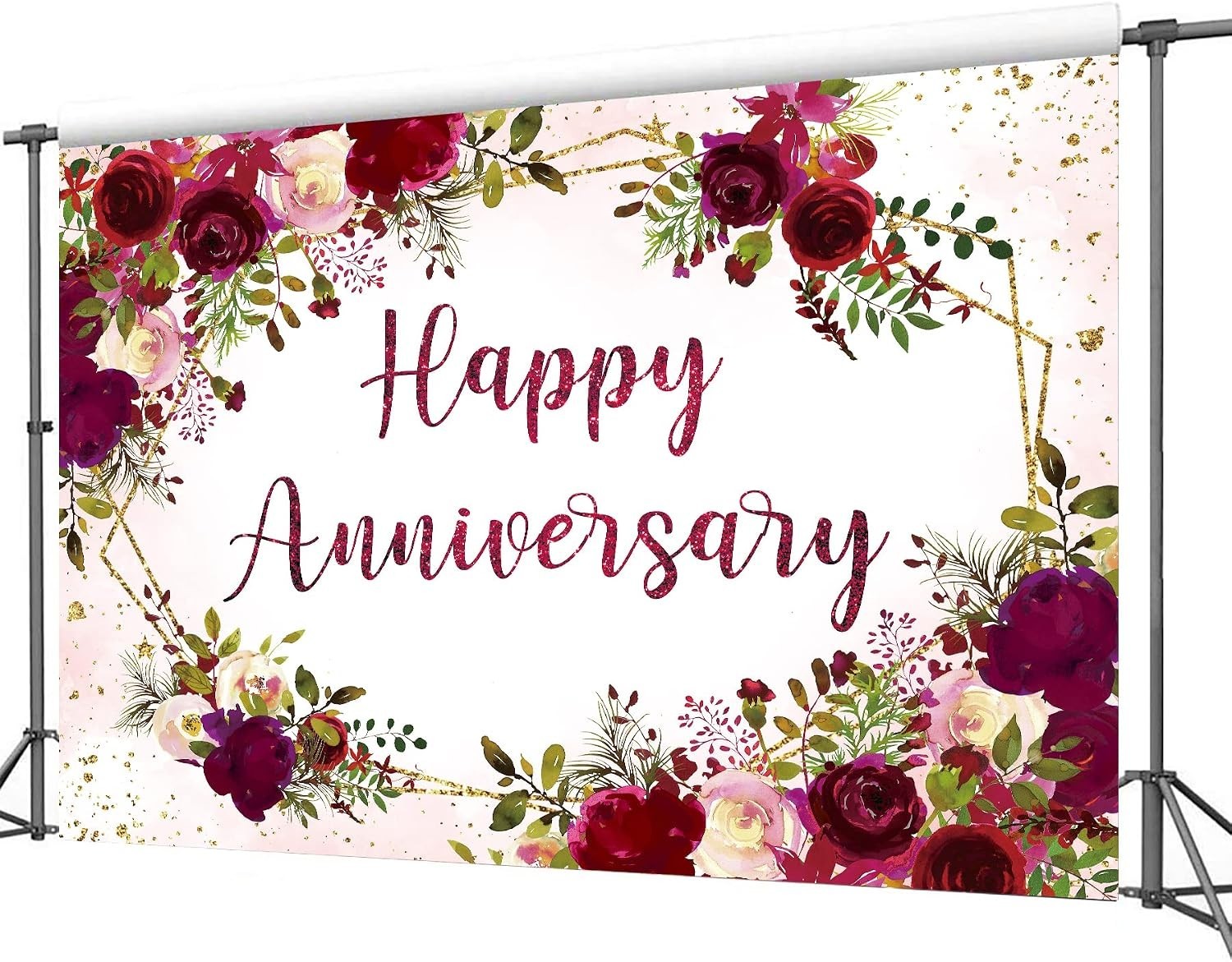 Happy Anniversary Backdrop 7Wx5H Feet Polyester Fabric Elegant Burgundy Flowe…