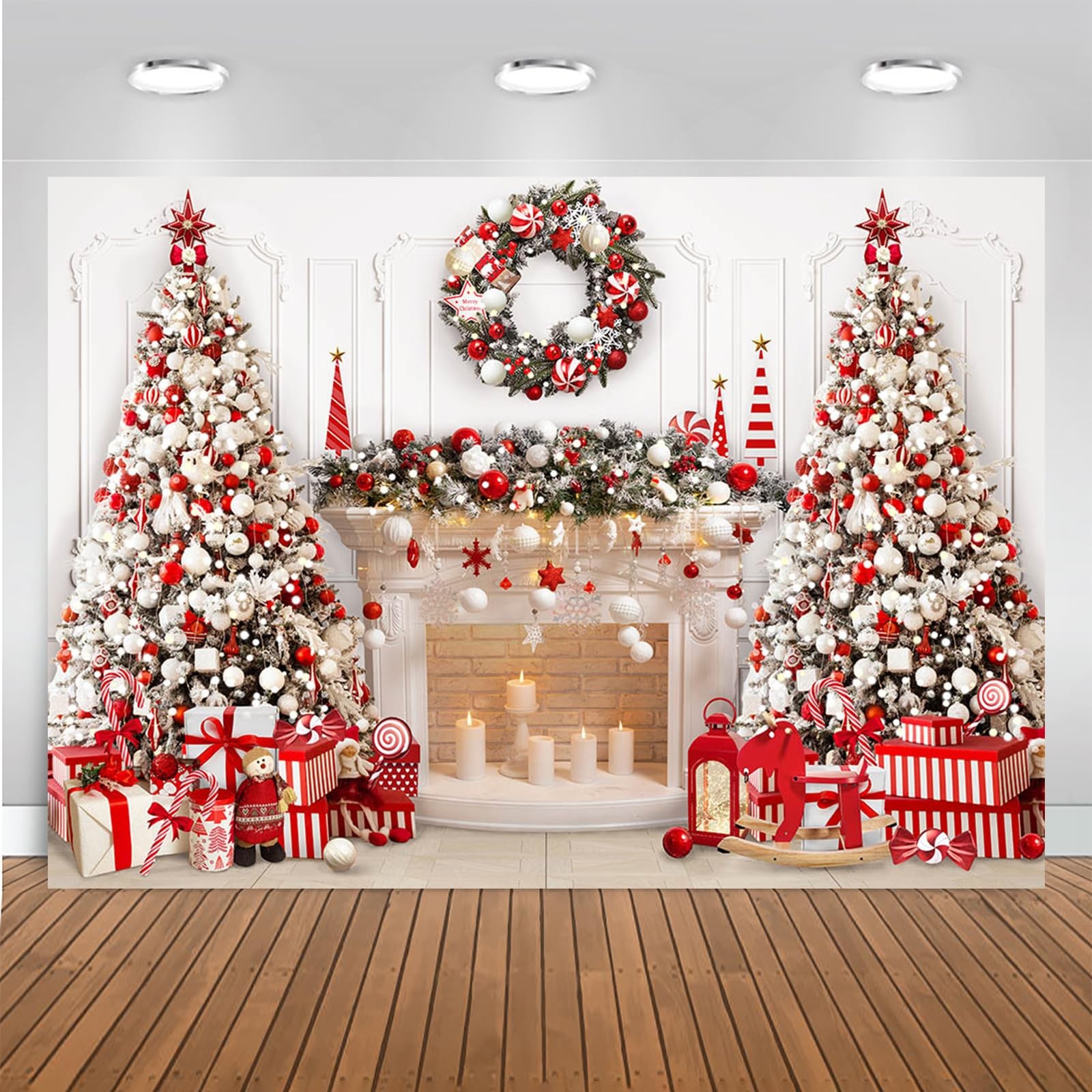Mocsicka Merry Christmas Fireplace Backdrop (Red, 7x5ft(82”x60”), Red