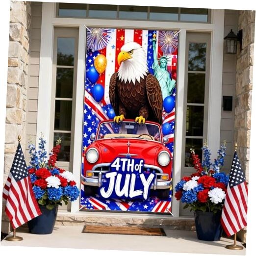 Patriotic Door Cover Decoration 71 x 35 in Holiday 4th of July Eagle Red Car