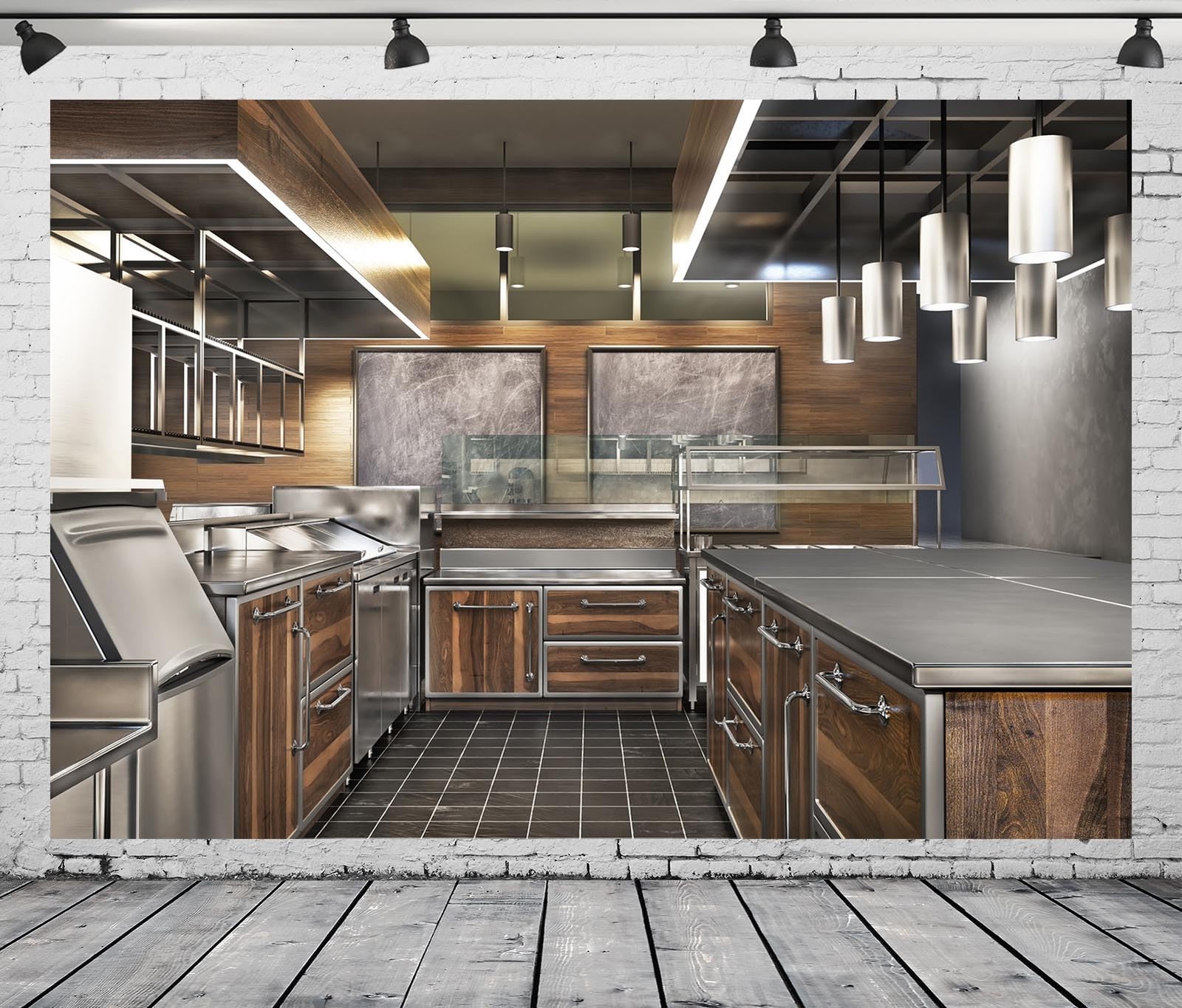 7x5ft Fabric Modern Kitchen Backdrop Restaurant Kitchen Interior Stainless Ov…