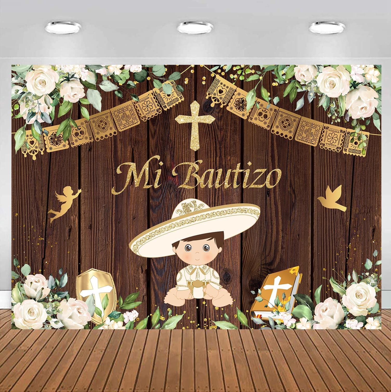 Newborn Mi Bautizo Backdrop Wood White Flower Gold Boy God Bless First Holy C…