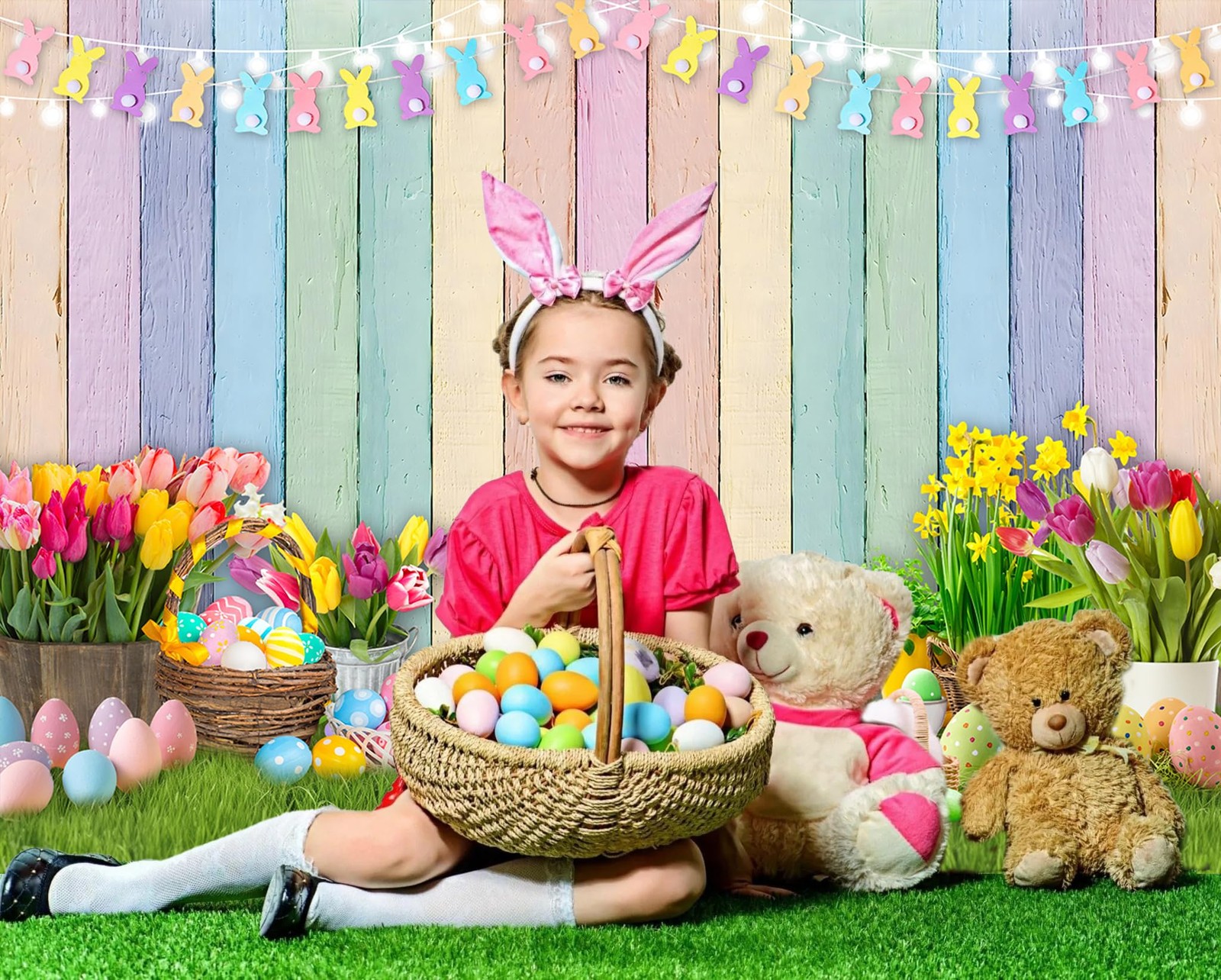 Easter Colorful Wood Backdrop Spring Flowers Green Lawn 7x5FT（210x150cm）