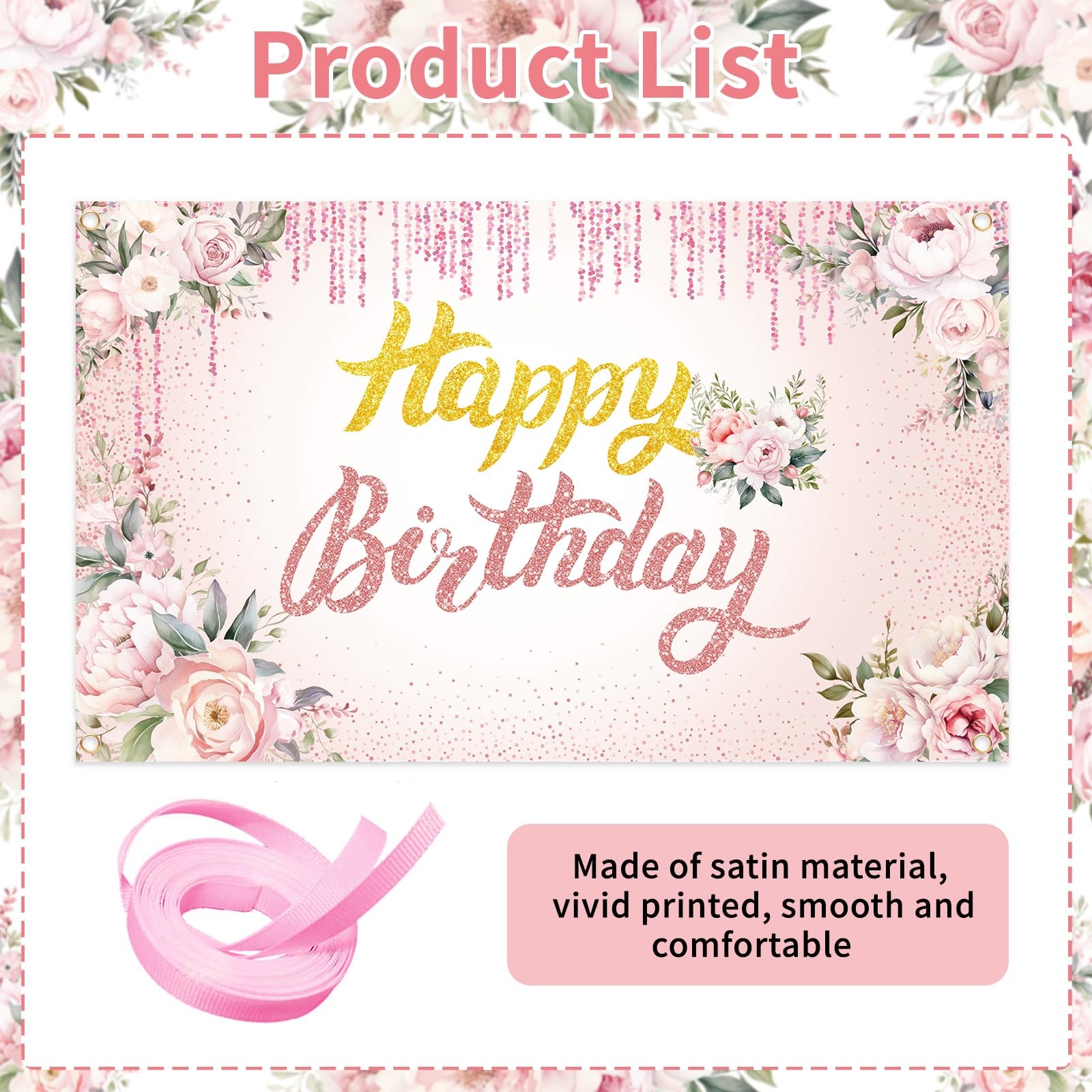 Happy Birthday Backdrop Banner, 3 x 5Ft Floral Background Party Supplies Pink…