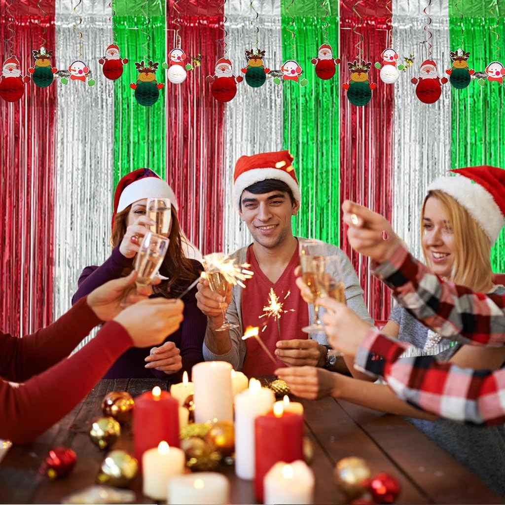 3 PCS 3.3×6.56ft Christmas Party Backdrop Red Green Silver Foil Fringe Curtain