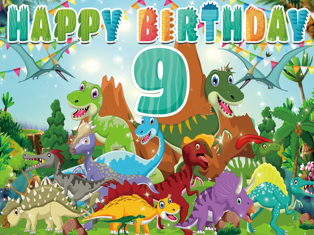 Cartoon Dinosaur 1st t0 9th Personalised Birthday Backdrop Party Supplies 7x5Ft