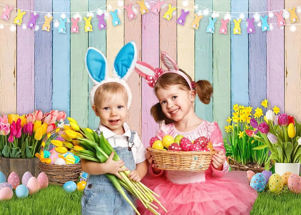Easter Colorful Wood Backdrop Spring Flowers Green Lawn 7x5FT（210x150cm）
