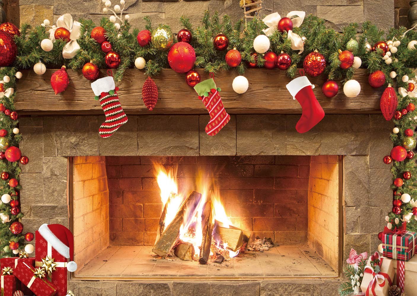 Christmas Fireplace Backdrop 7x5ft – Festive Holiday Mantel 7x5ft, Multicolor