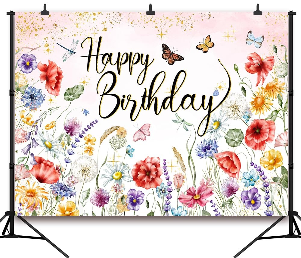 Wildflower Happy Birthday Backdrop 7x5FT Spring Watercolor Floral Background