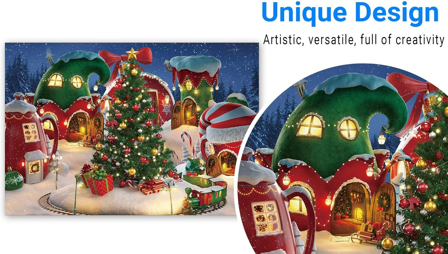7x5FT Cartoon Christmas Village Photography Backdrop Winter Snow Pine Tree Backg
