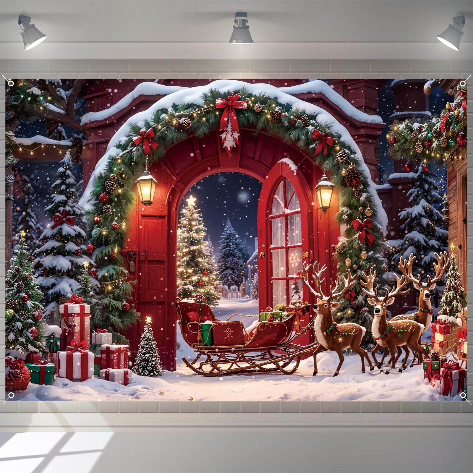 Christmas Backdrop 10x8ft Winter Forest North Pole Xmas Tree Reindeer Snowfla…