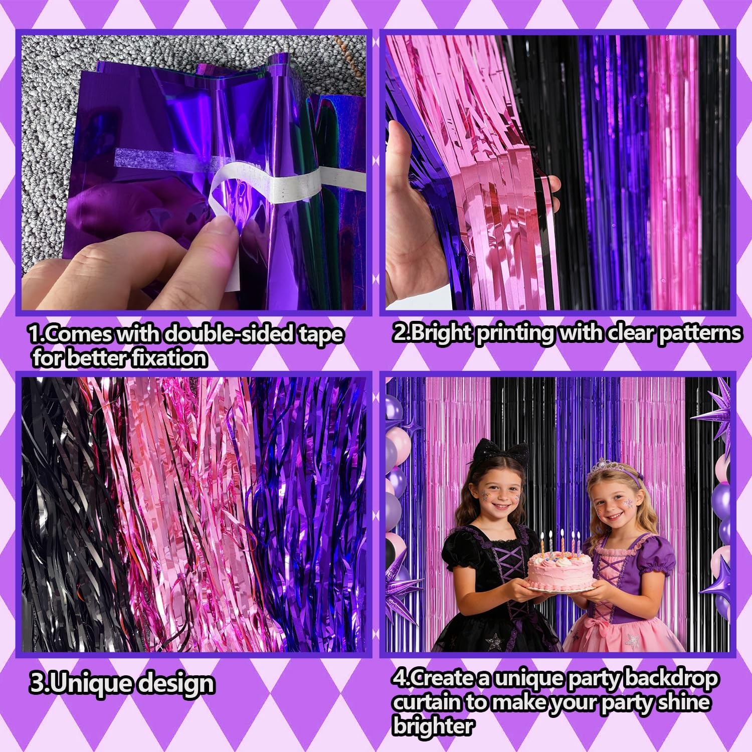 Pink Purple Black Foil Fringe Curtains Birthday Decorations, 2 Pack 3.2×6.6ft…