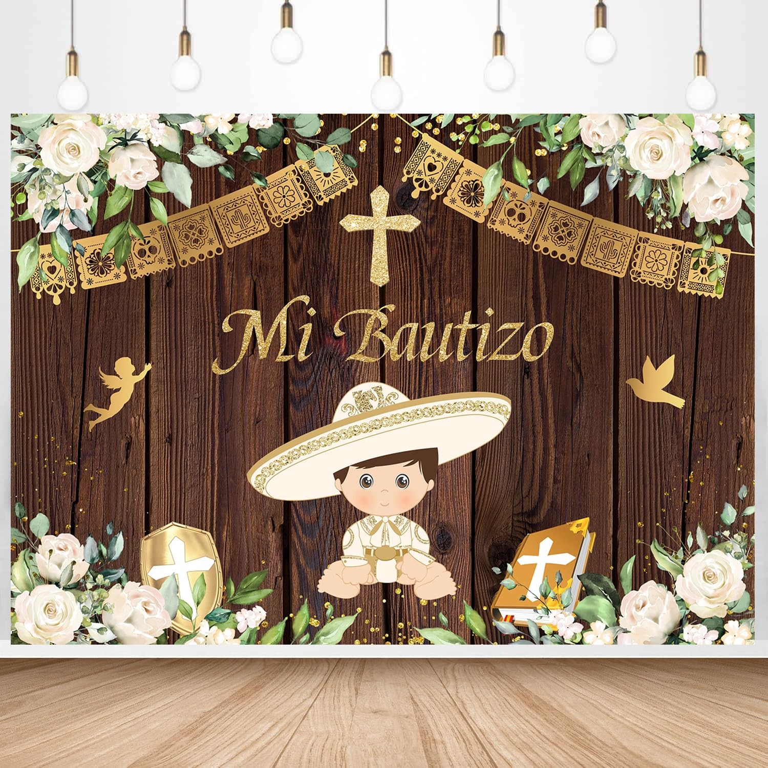Newborn Mi Bautizo Backdrop Wood White Flower Gold Boy God Bless First Holy C…