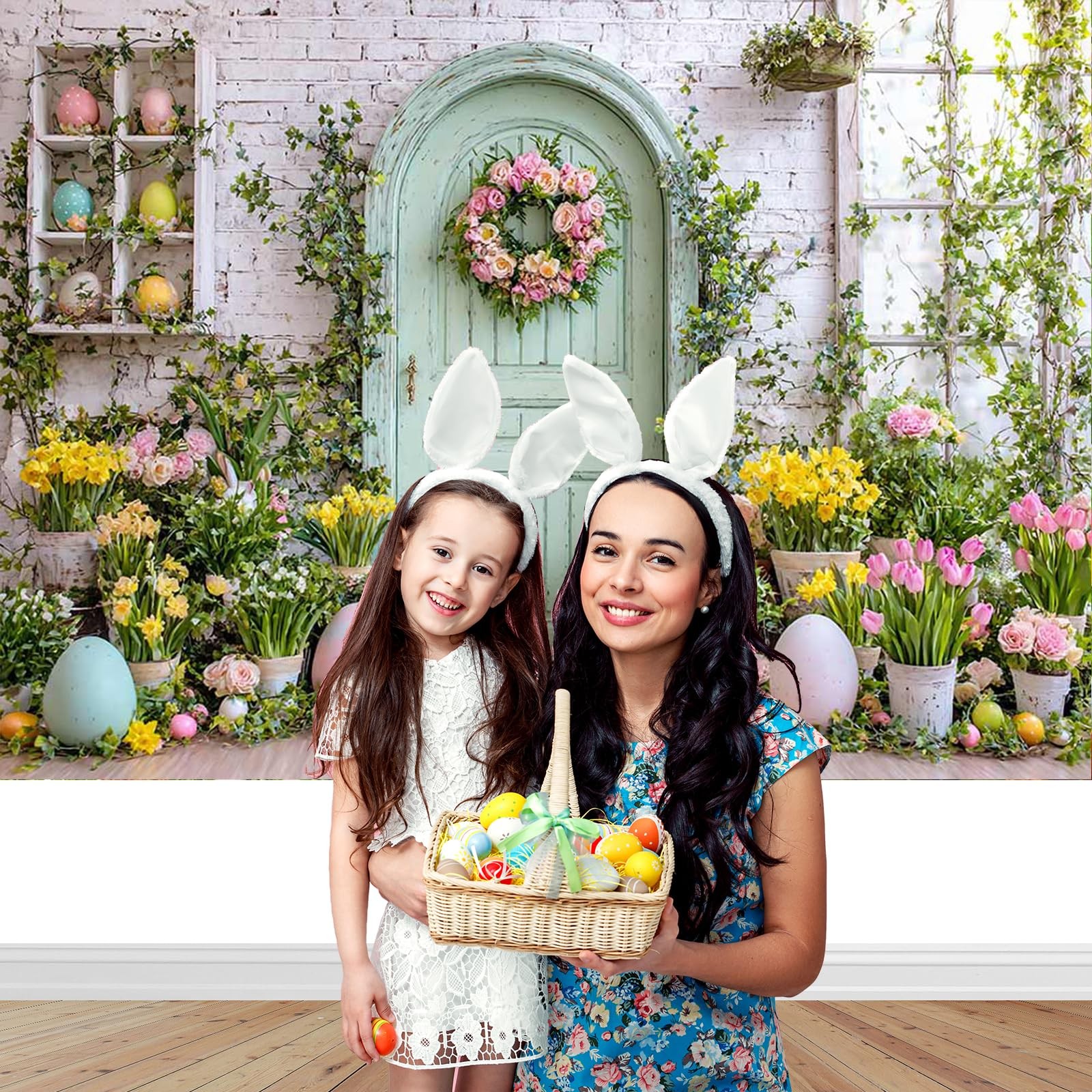 Spring Easter Backdrop 7x5ft – Green Wooden Wall Floral Photography Background D