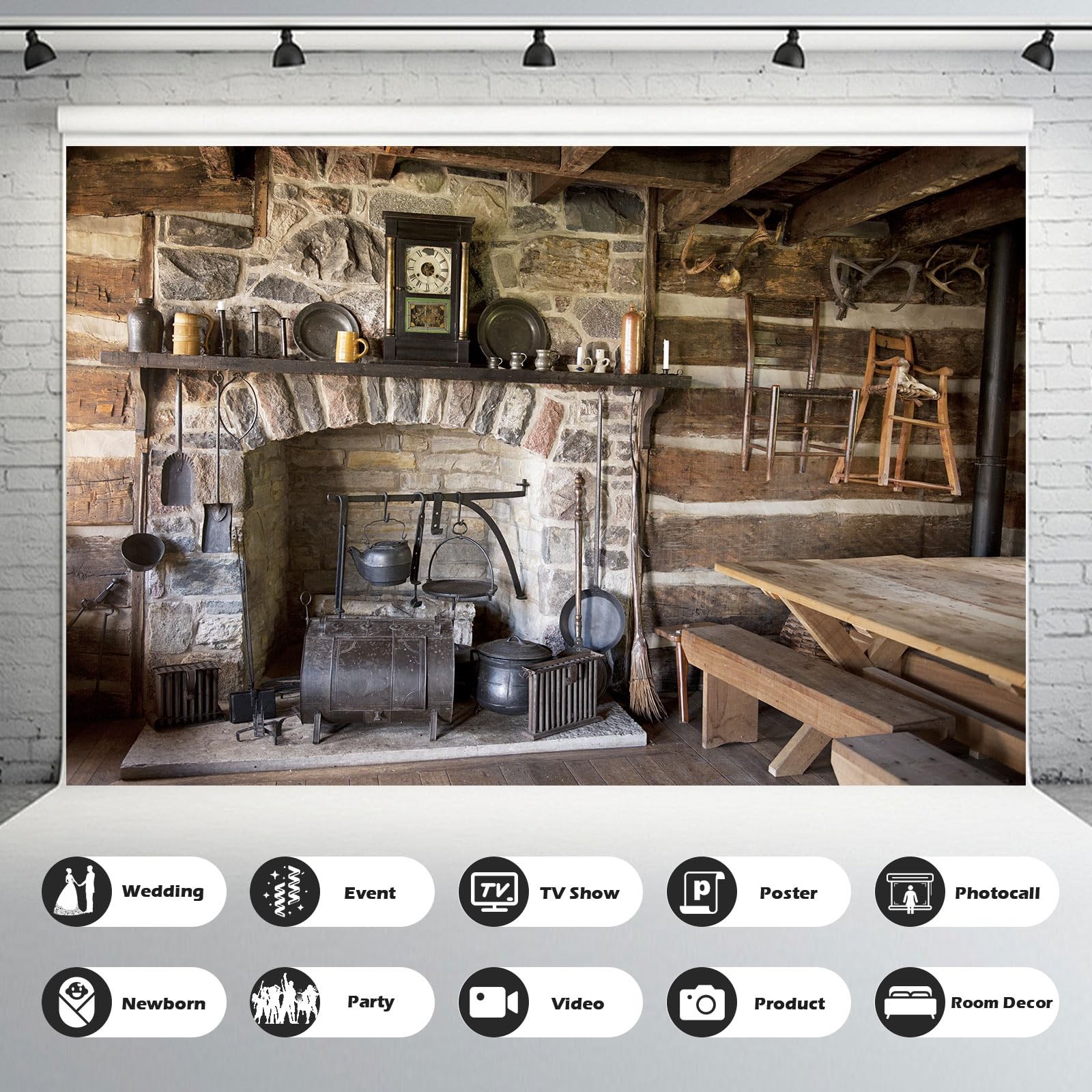 Rustic Kitchen Backdrop Western Old Wooden House Interior 7x5ft, brown