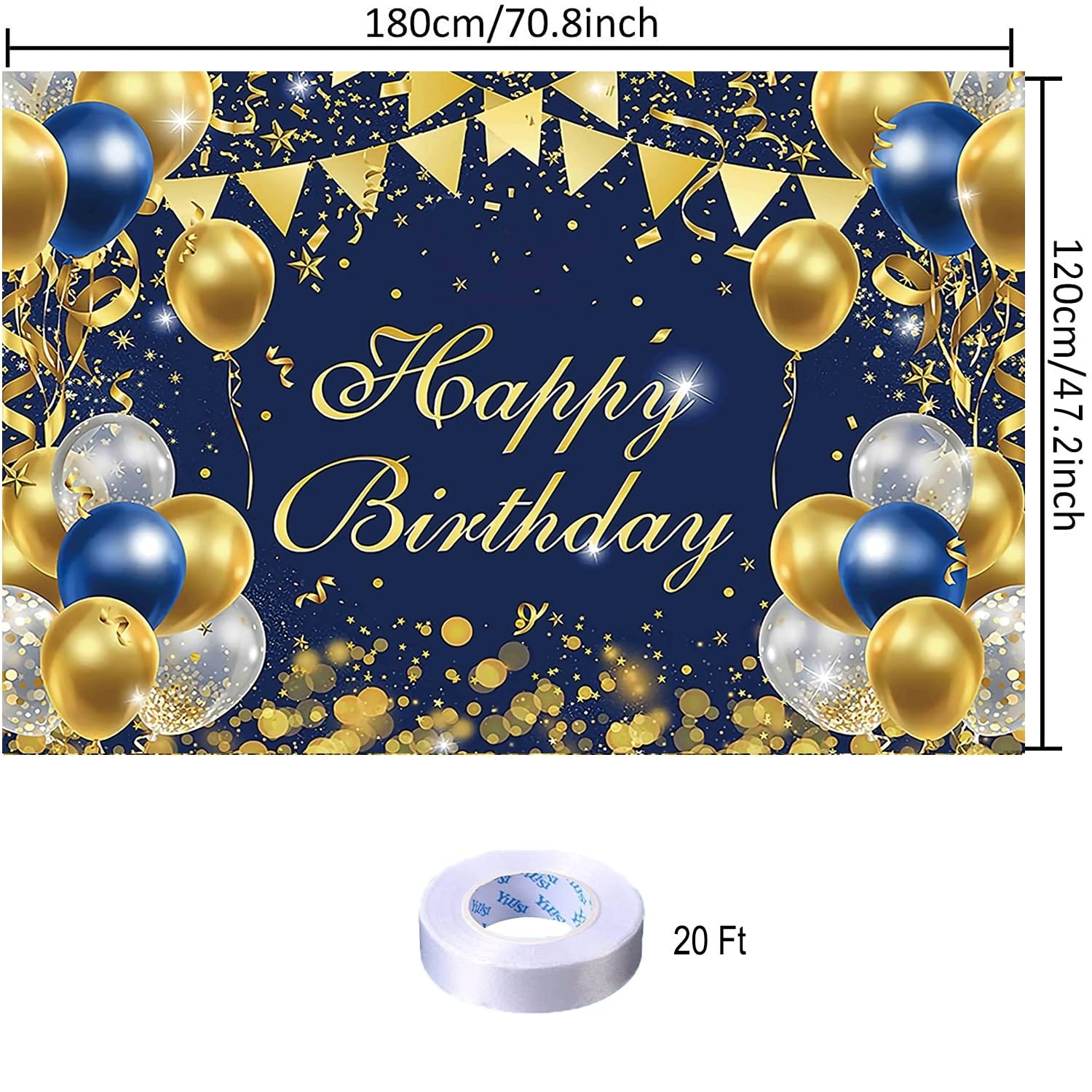Blue Gold Birthday Party Backdrop Happy 5.9 x 3.93 feet,