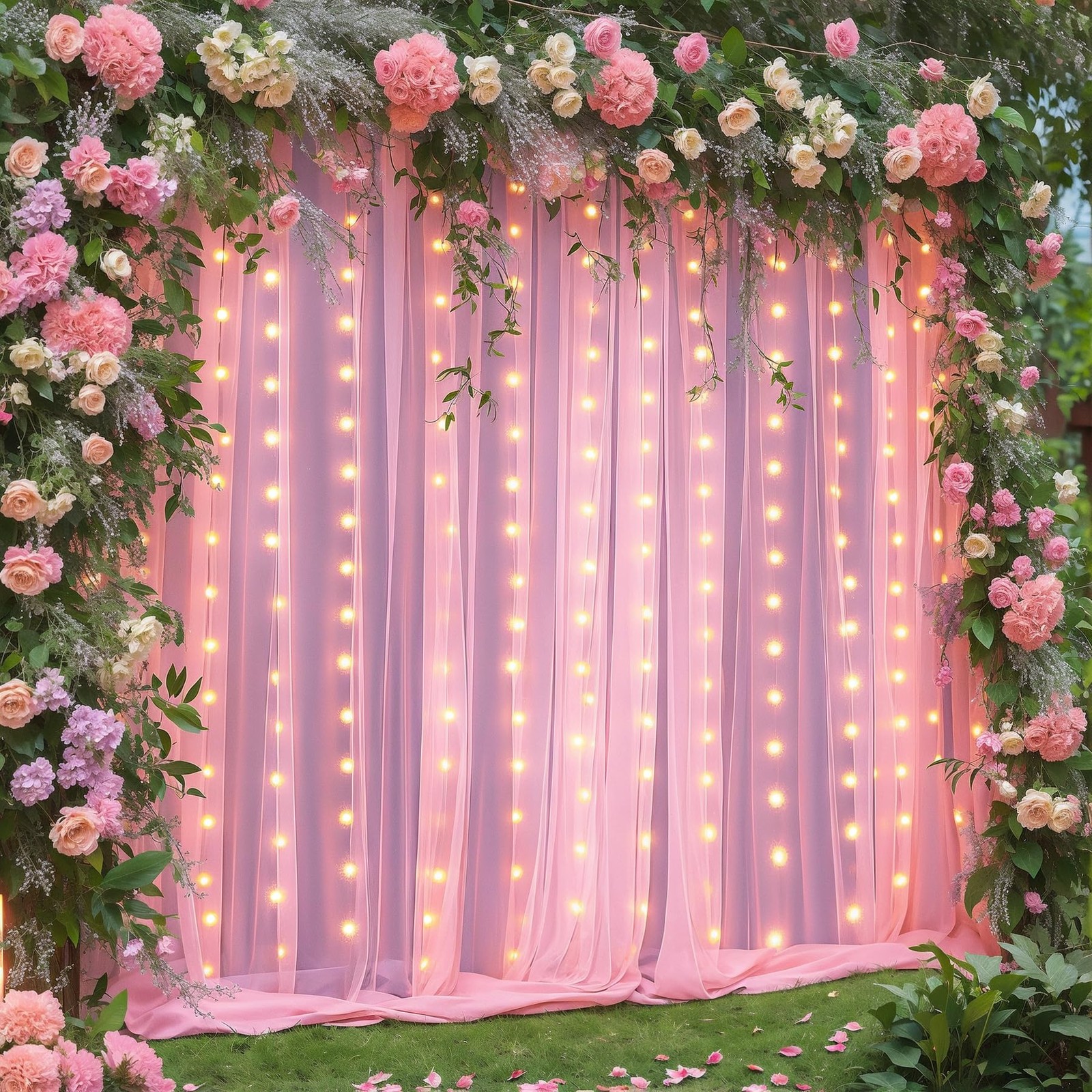 10x10FT Pink Tulle Backdrop Curtain With Lights String Sheer Party Photography