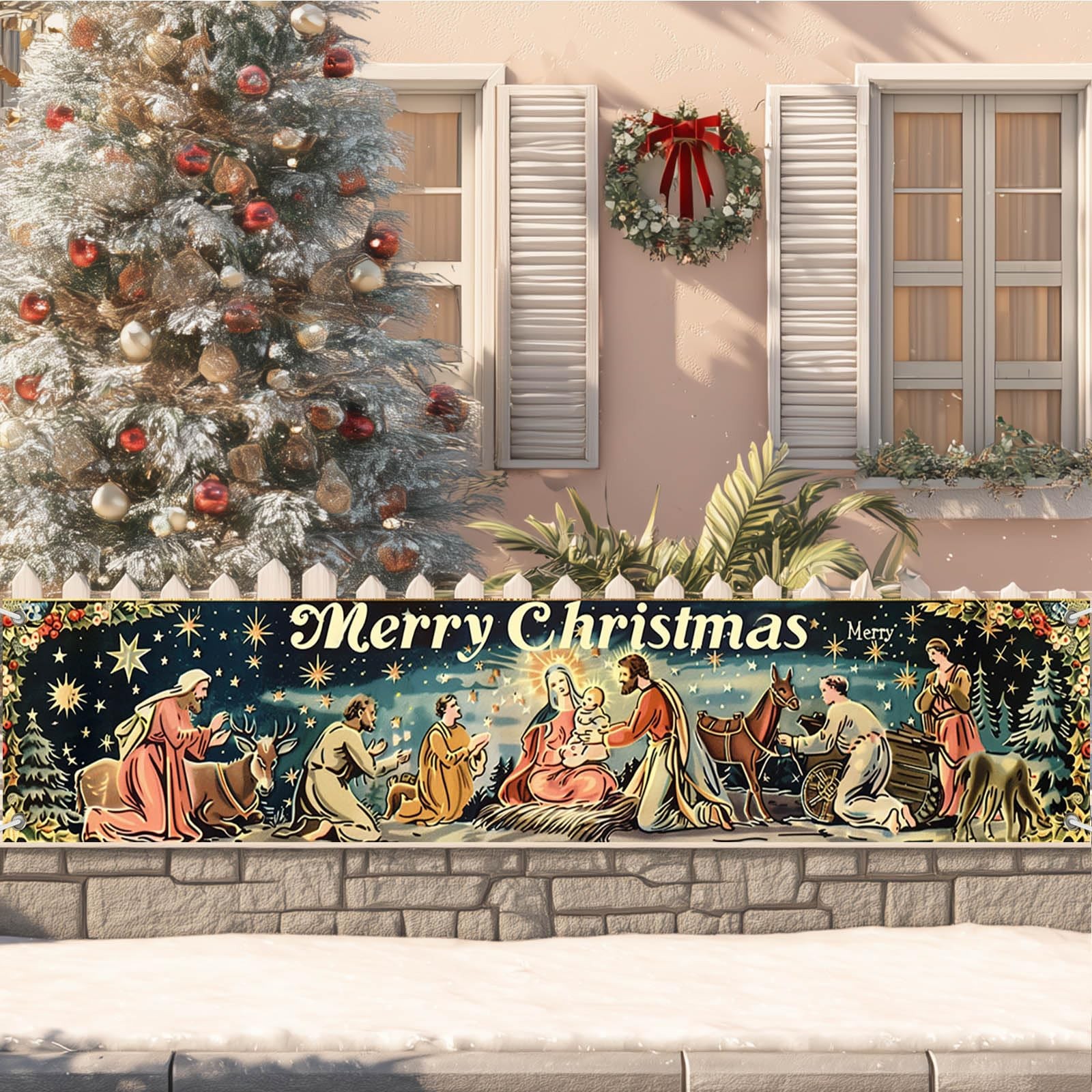 BlissYard Large Merry Christmas Banner 78×18 Inch Nativity Christmas#2
