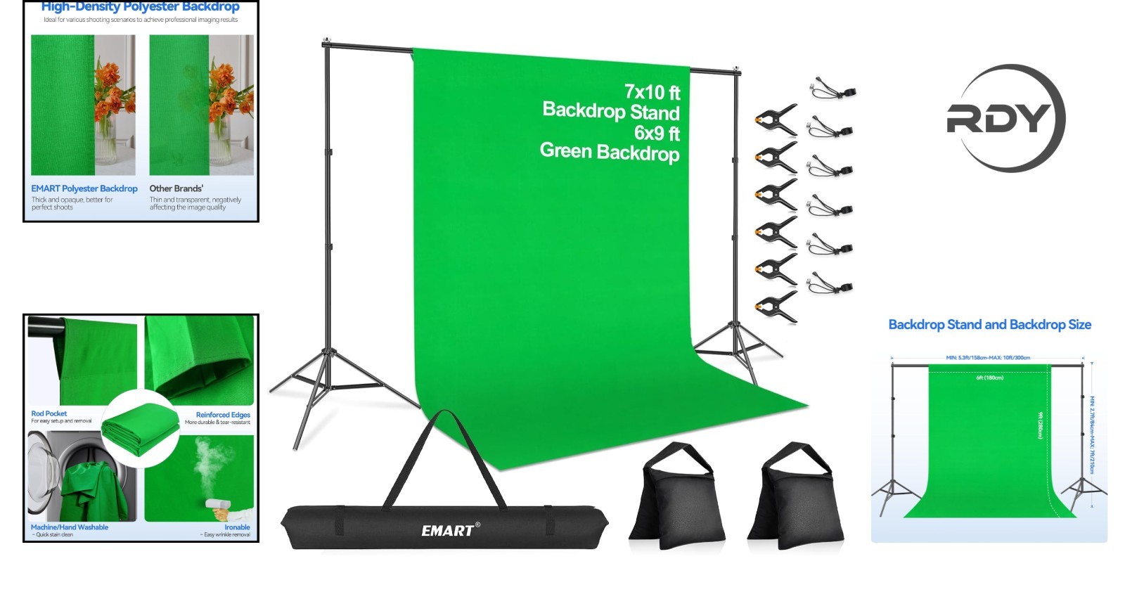 Portable 7x10ft Green Screen Backdrop with Clamp & Carry Bag for Easy Transport