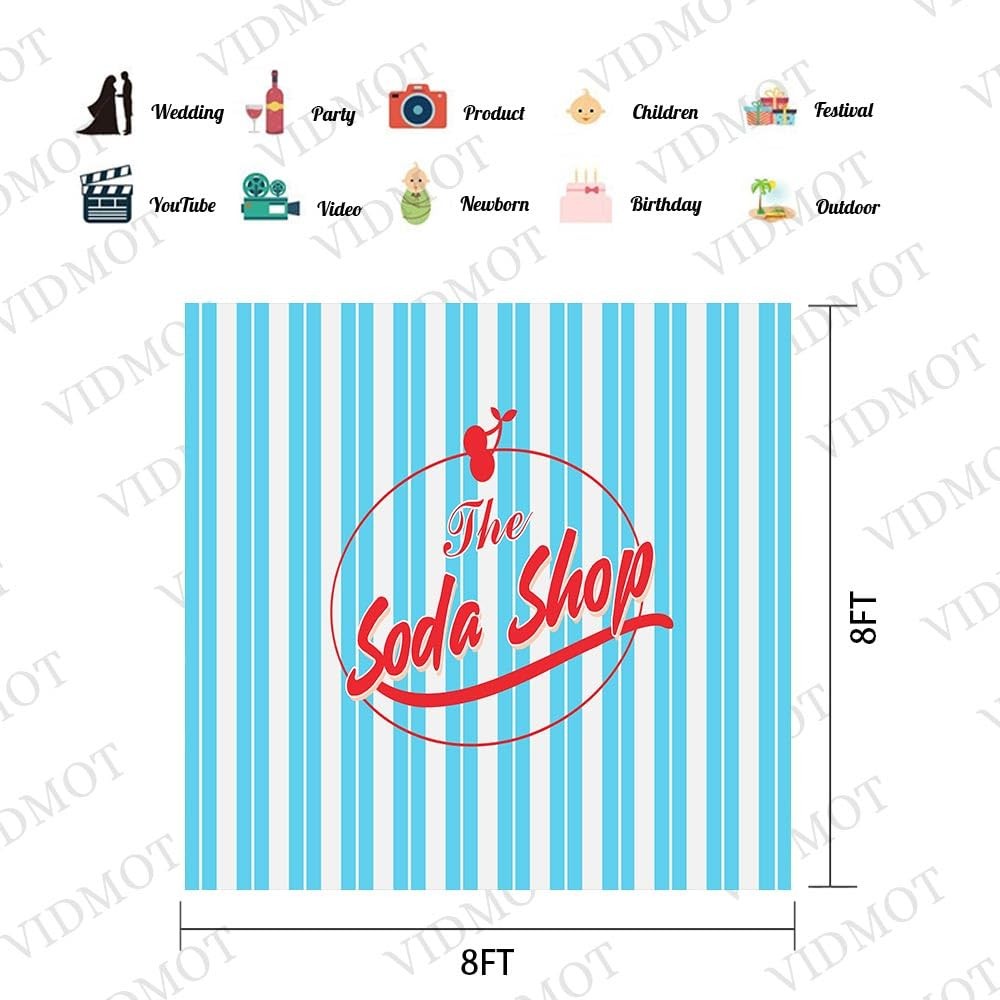 Soda Shop Backdrop 50s Party Blue White Stripes Sock Hop Photo Studio 8x8ft