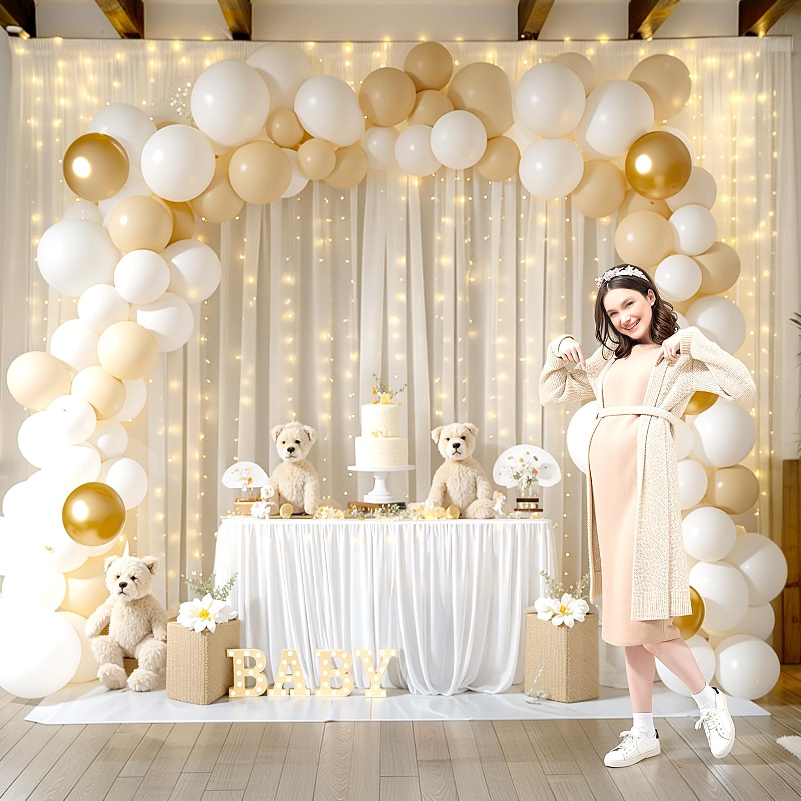 10ft x 10ft Ivory Chiffon Backdrop Curtain with Lights String for Parties2 Pa…