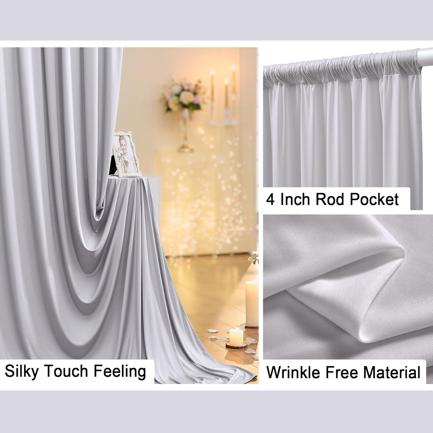 Wrinkle-Free Silver Backdrop Curtain for Parties – 40ft x 10ft Drapes
