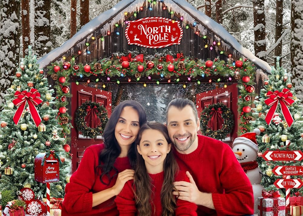 7x5ft Christmas Backdrop Winter Snowy Forest Rustic Barn Door North Pole Snow…