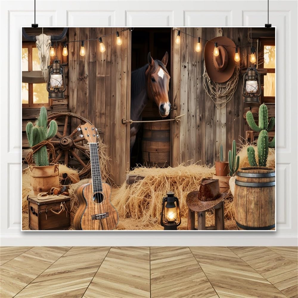 Wild West Cowboy Party Backdrop 10x8ft Rustic Barn Door Background with Horse…