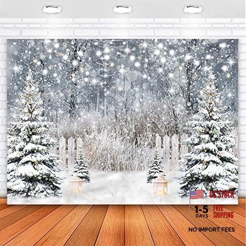 Snowy Forest Pine Tree 8×6 ft Winter Photography Backdrop with Glitter