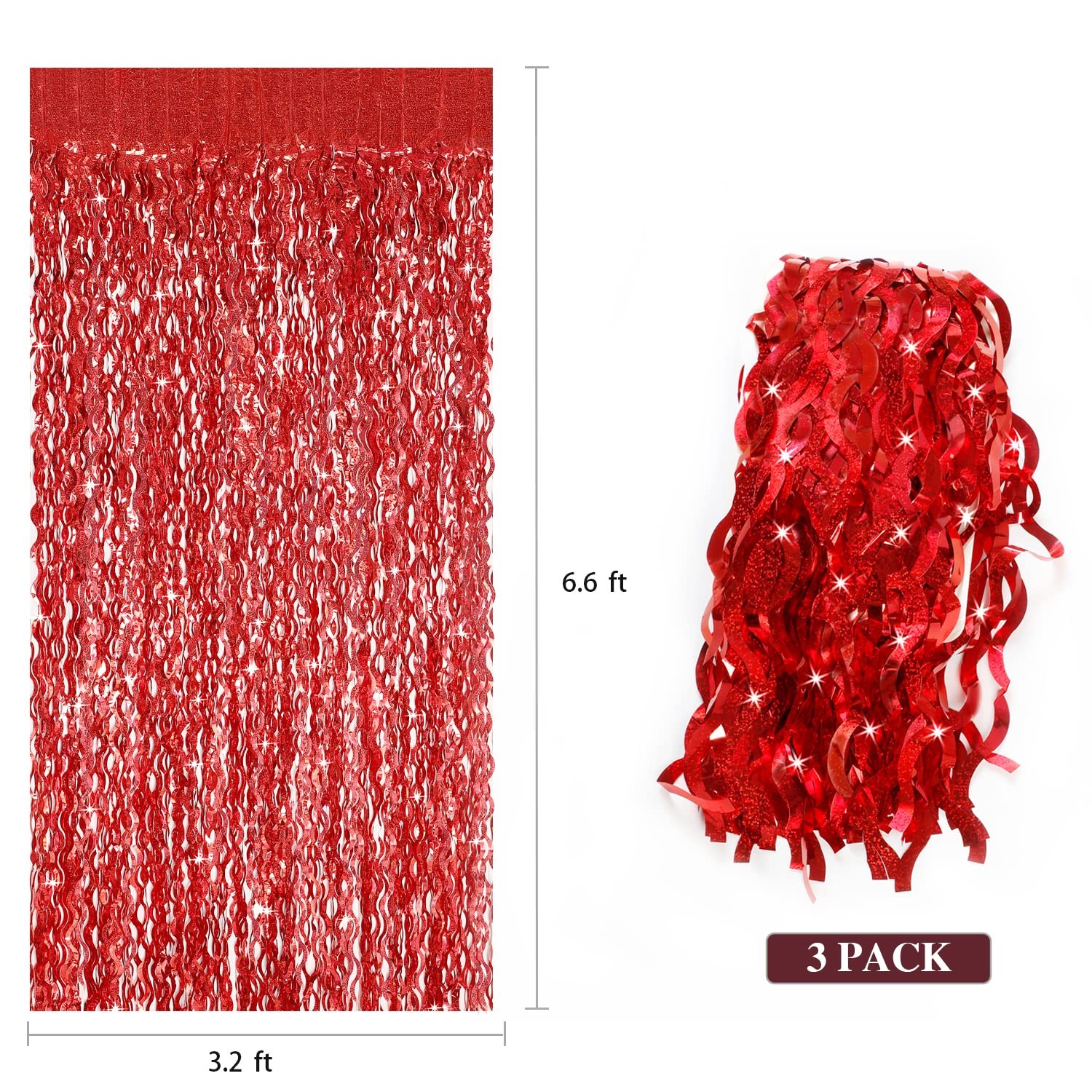 3 Pack Red Foil Backdrop Curtain, 3.3×6.6ft, Streamers, Birthday, Party