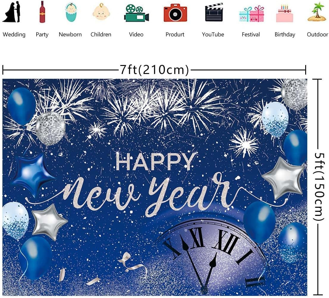 Happy New Year Backdrop 2026 Glitter Blue Fireworks New Years Eve Photography Ba