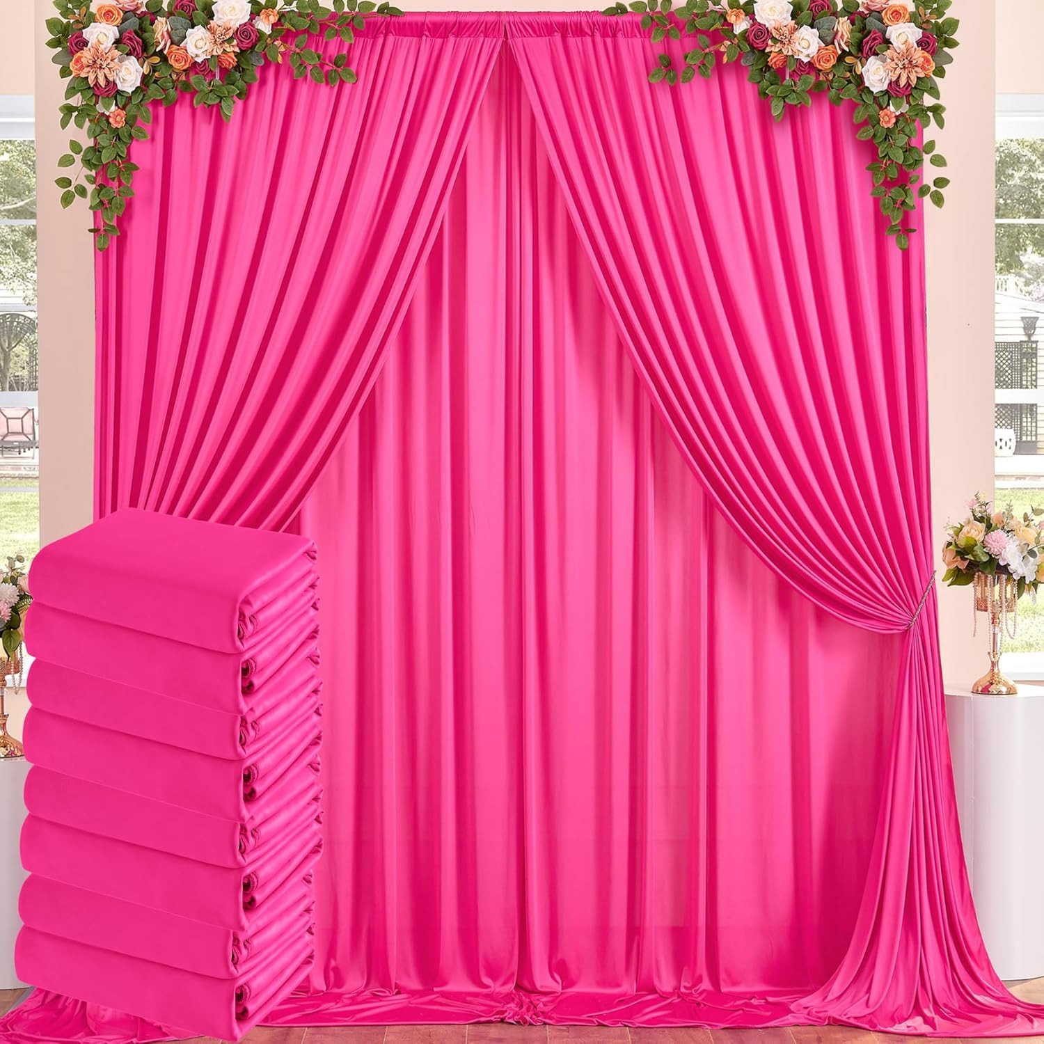 40 Ft X 10 Ft Wrinkle Free Fuchsia Backdrop Curtain for Parties, 8Panels Polyest