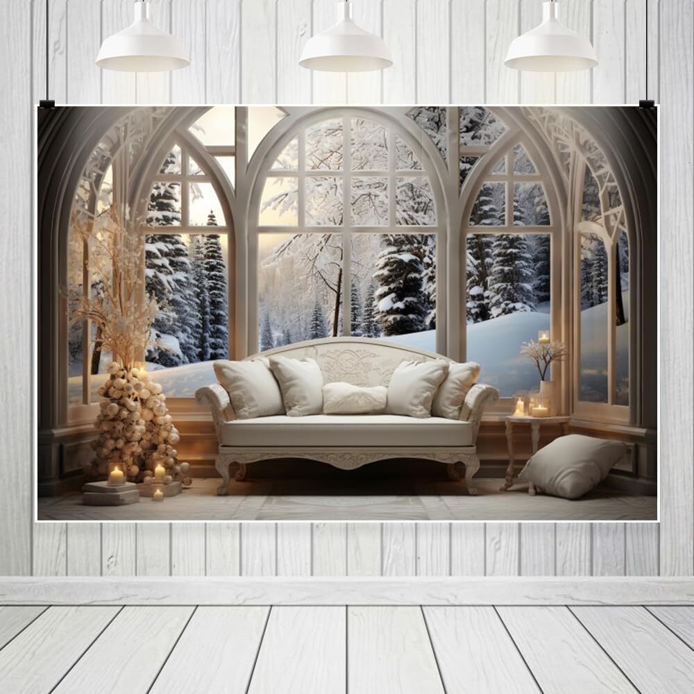 10x8ft Vinyl Christmas Backdrop White Couch Window Forest Snowscape Winter Co…