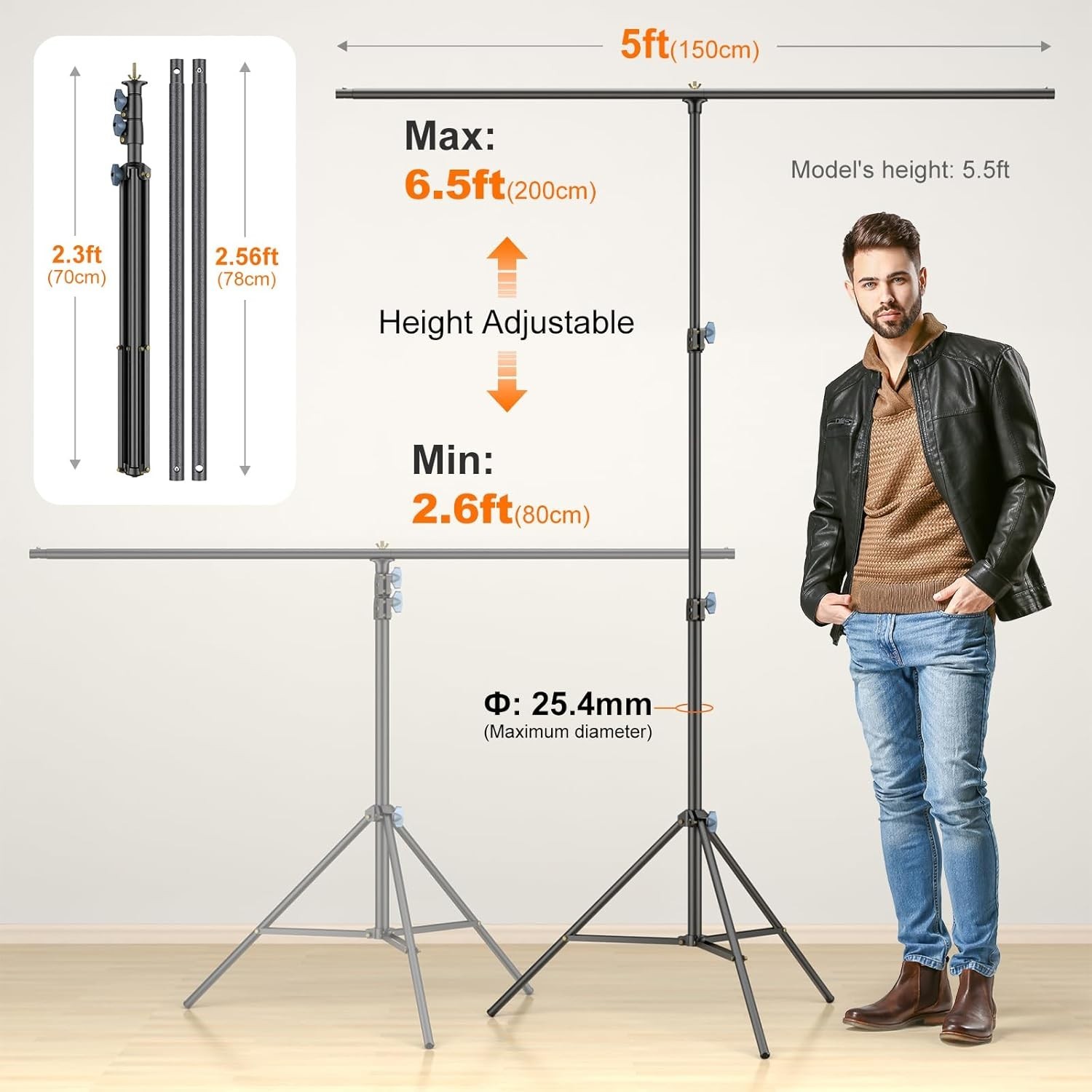 Zenith Portable T-Shape Backdrop Stand Kit – 5×6.7ft Adjustable & Lightweight