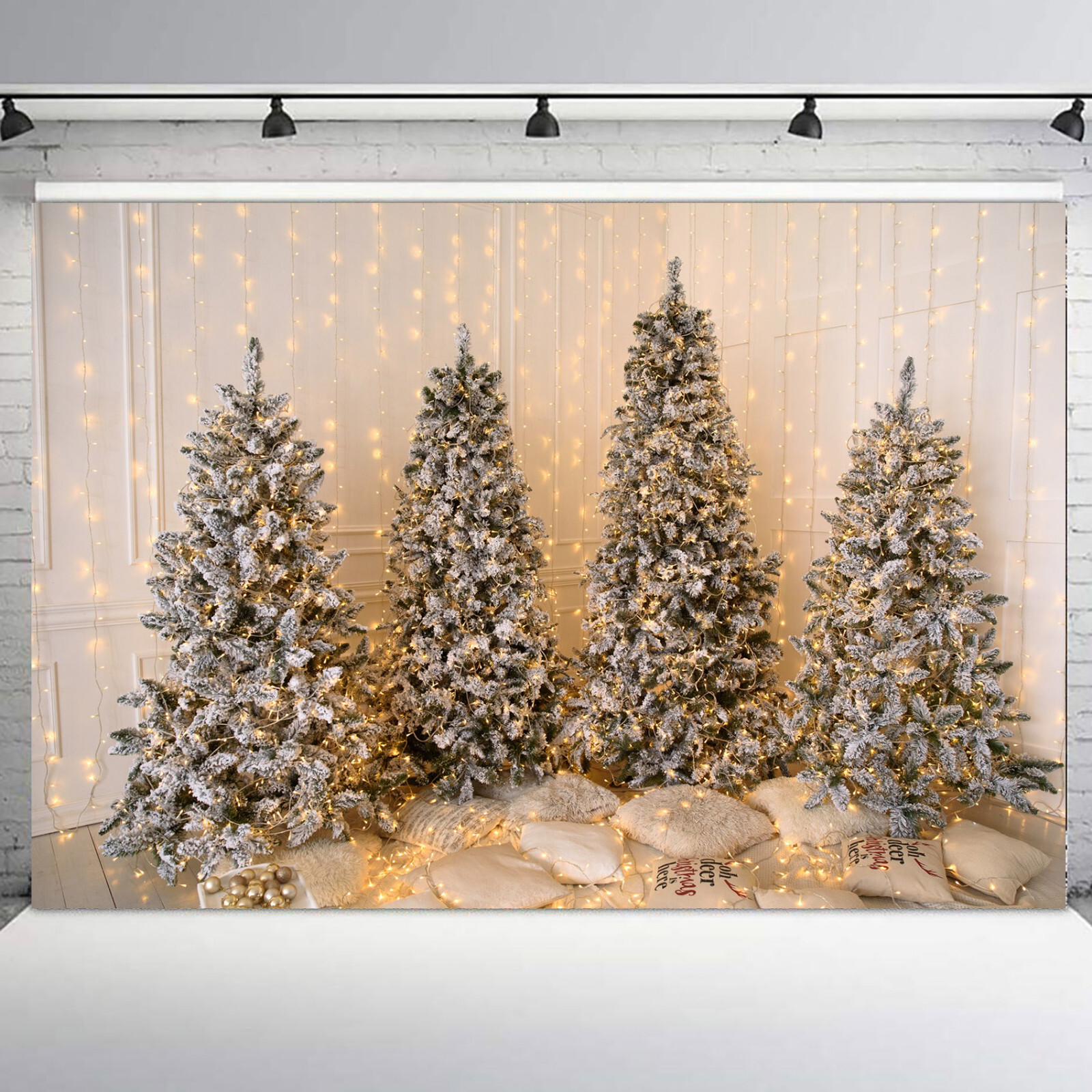 Winter Snowflakes Fireplace Green Christmas Tree Vinyl Backdrop Photo Background