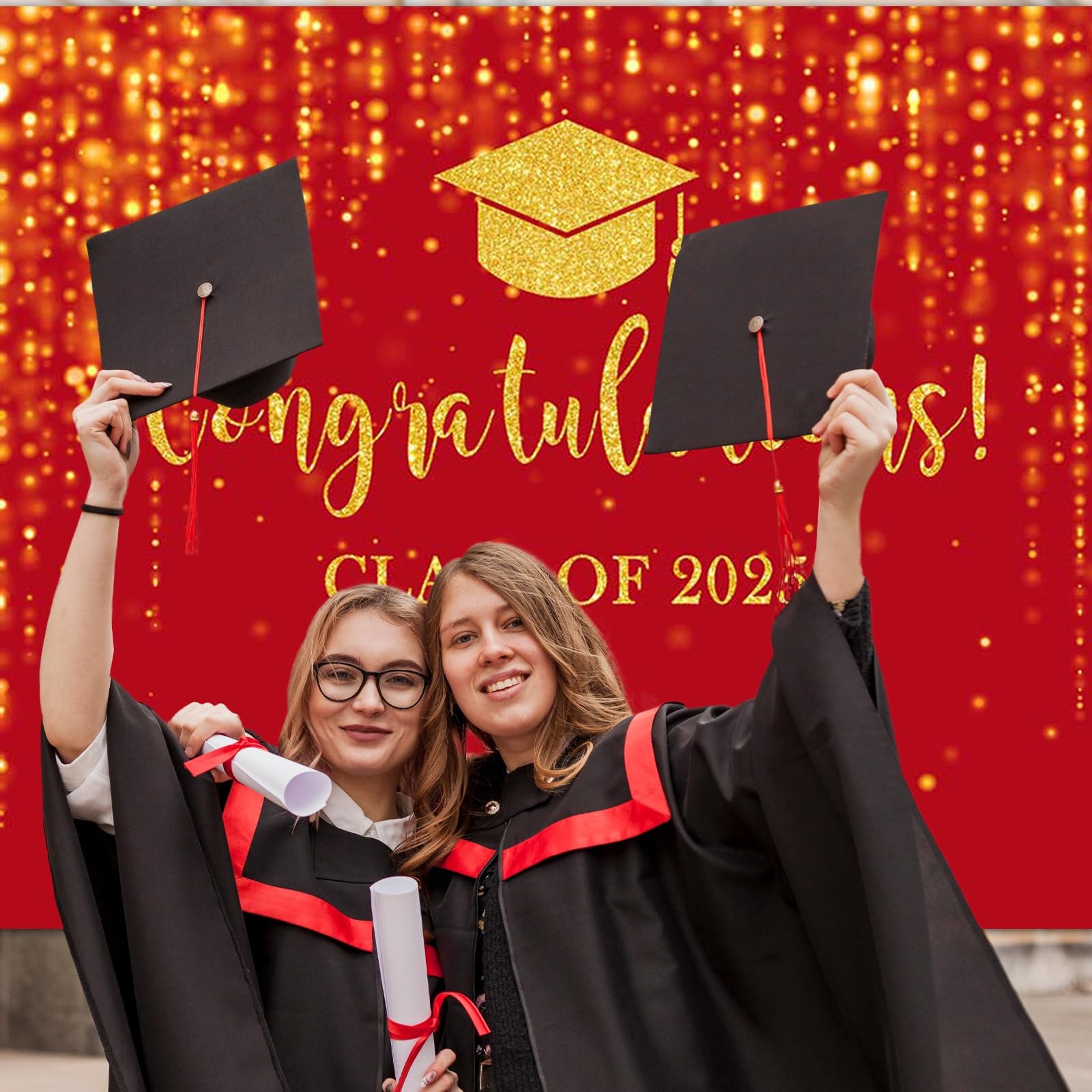 Class of 2025 Backdrop Red Gold Glitter Bokeh Graduation Party Background 202…