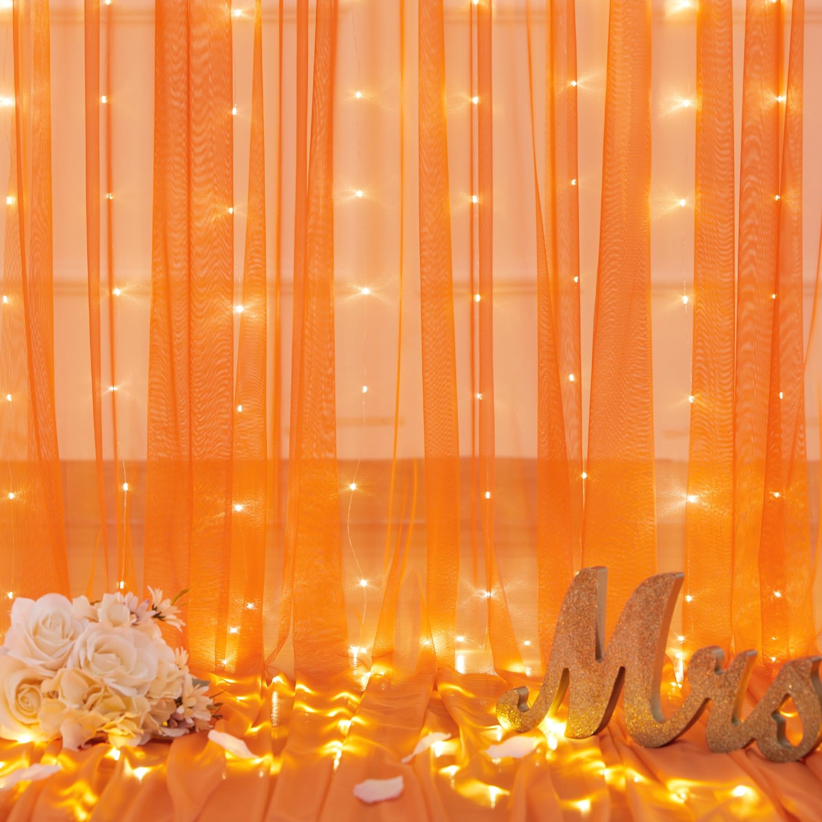 10x10ft Orange Tulle Photo Backdrop Curtain With Lights Halloween Party