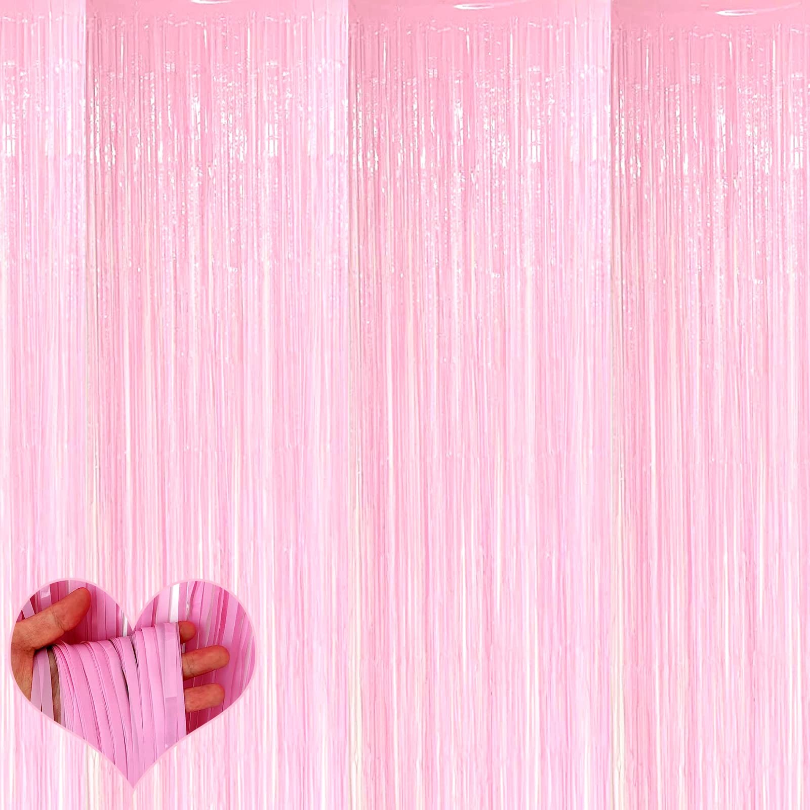 4 Pack Pink Tinsel Foil Fringe Curtains, 3.2Ft x 6.6Ft, Party Photo Booth