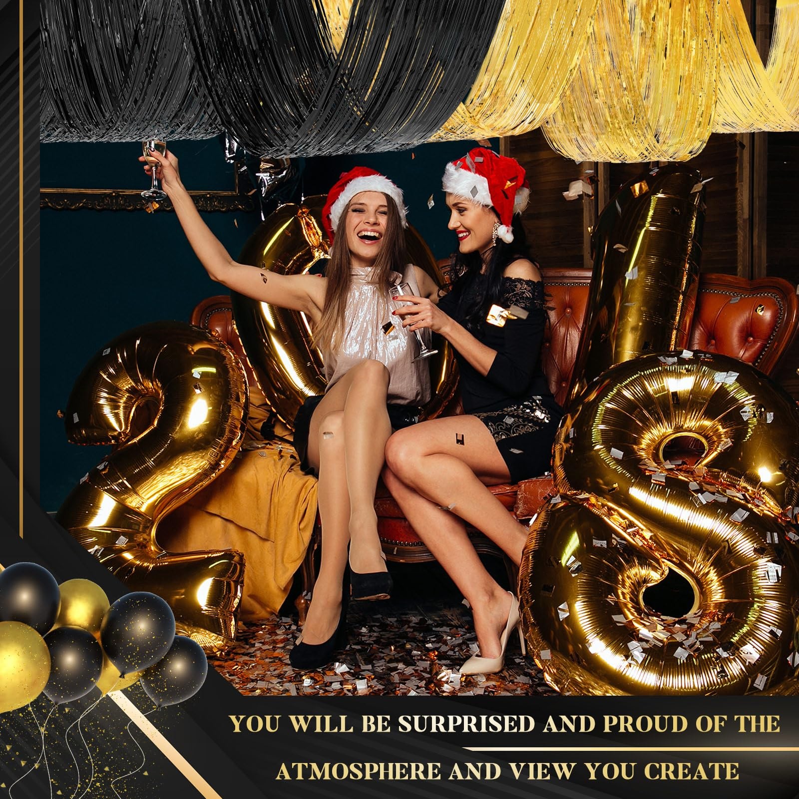 4 PCS 15 FT Gold Black Metallic Foil Ceiling Fringe Curtains Party Backdrop