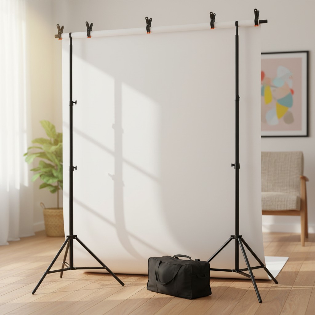 Adjustable White Photo Backdrop with Portable Stand and Carrying Bag, 6×9 ft