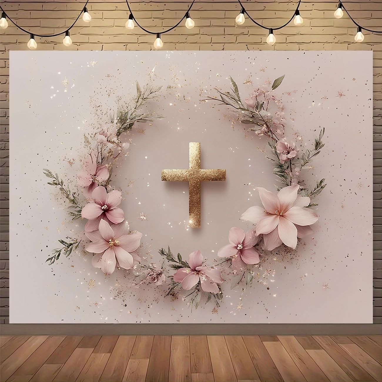 God Bless Baptism Photography Background Pink Floral Gold Backdrop 7x5ft