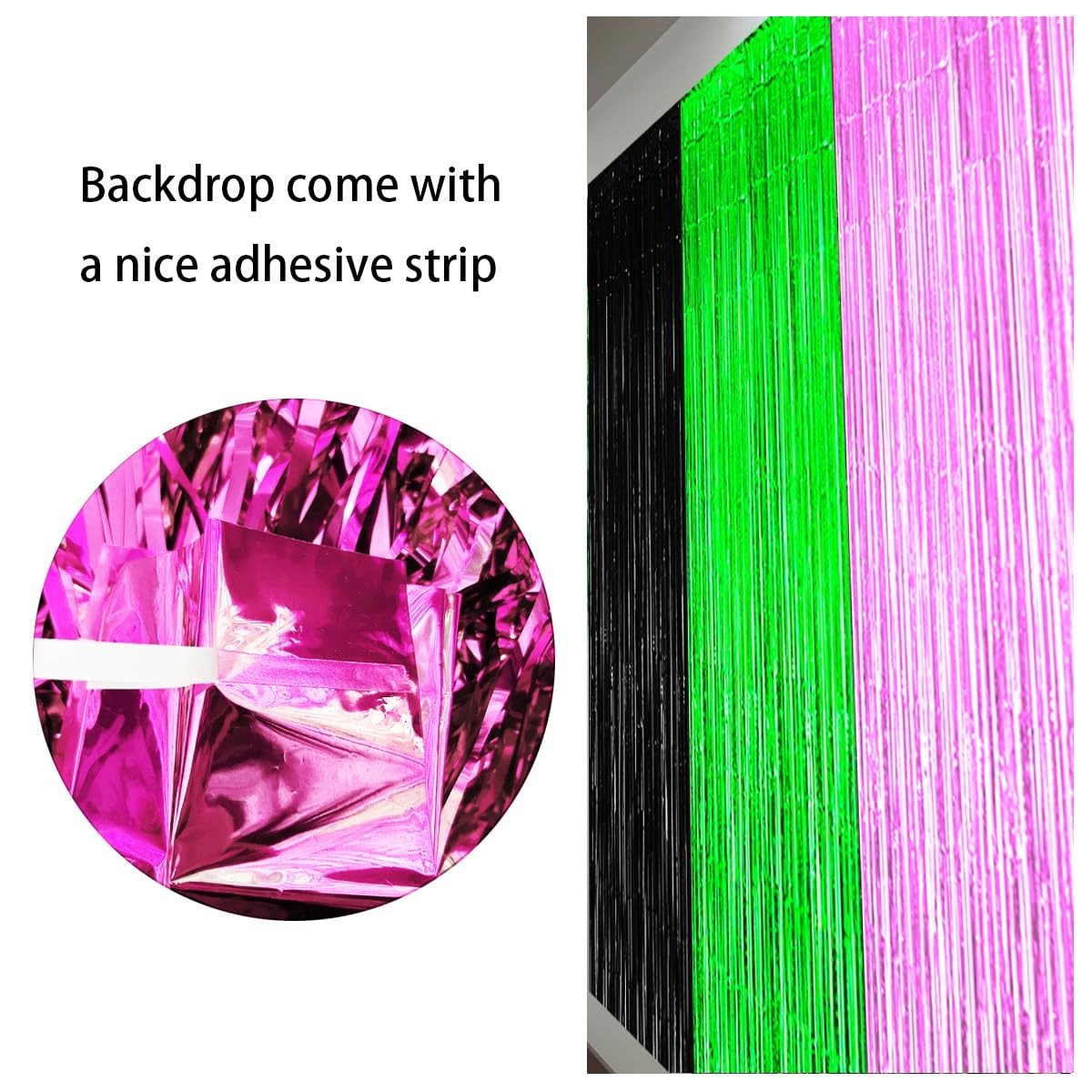 3 Pack Foil Fringe Curtain, Black, Pink, Green, Streamers, Halloween, Birthday