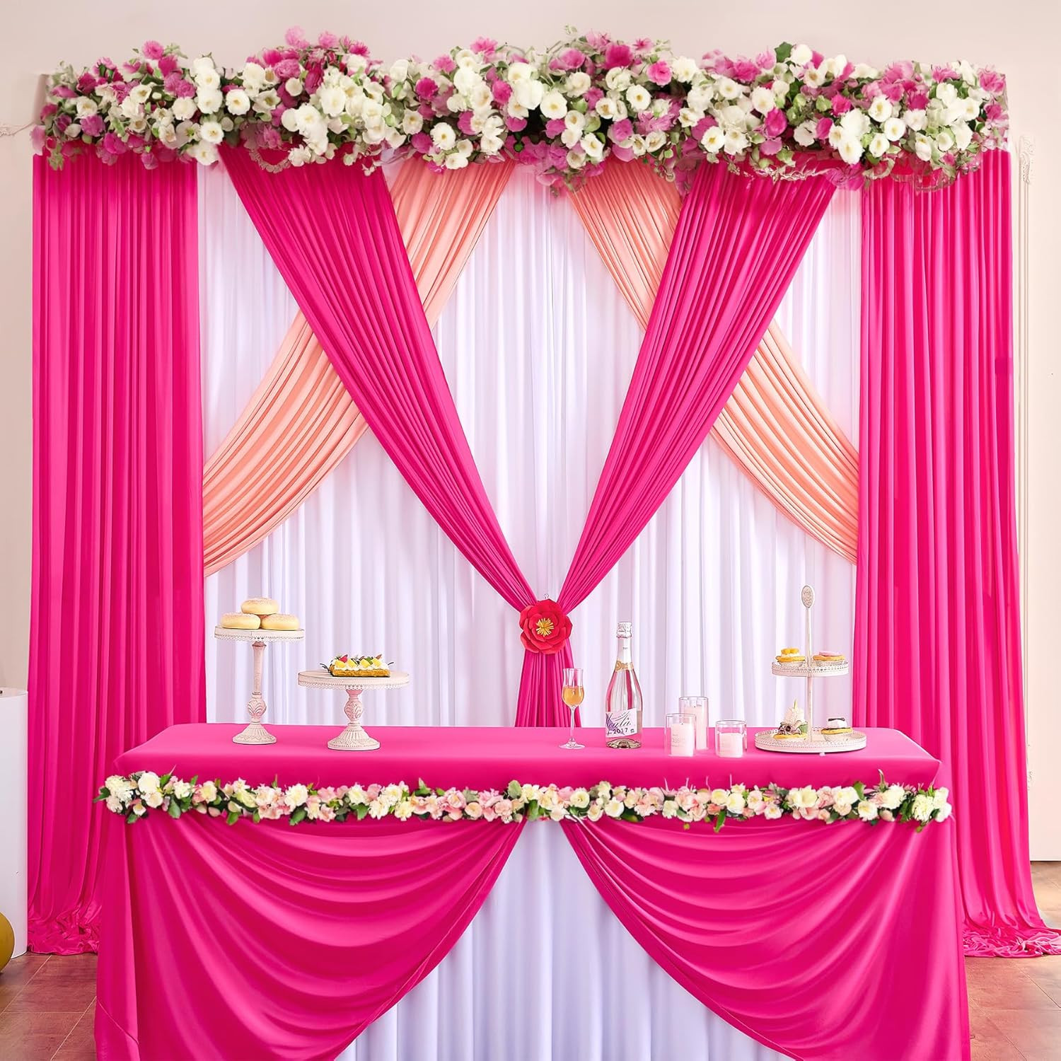 40 Ft X 10 Ft Wrinkle Free Fuchsia Backdrop Curtain for Parties, 8Panels Polyest