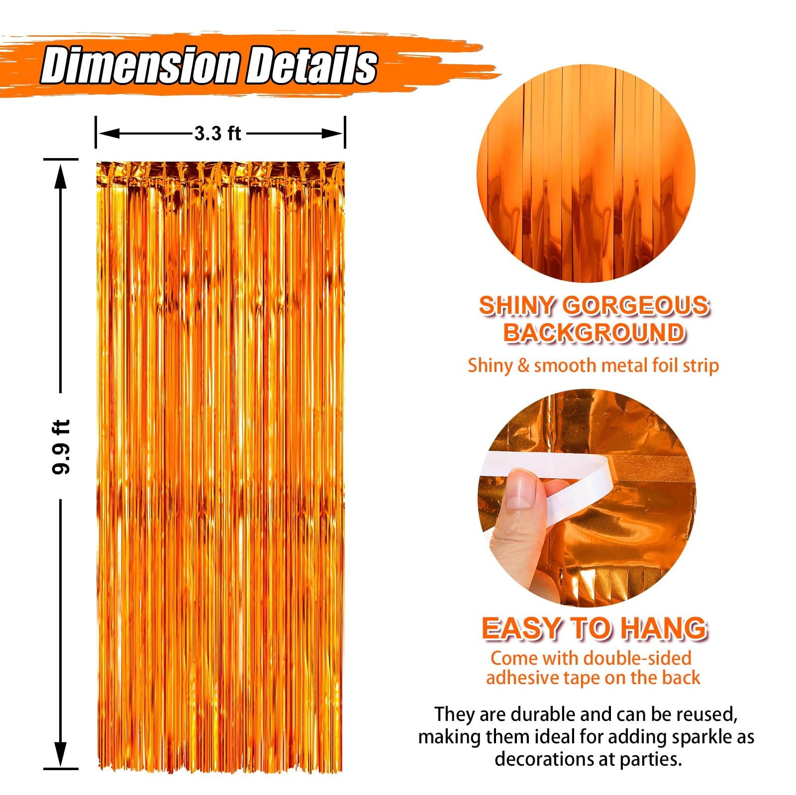 3 PCS Orange Foil Fringe Glitter Curtains Tinsel Backdrop Party 3.3×9.9 FT